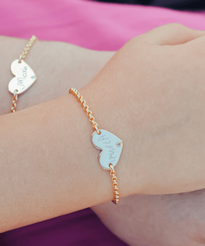 Pulseiras Adultas e Infantis Personalizadas com Gravação Livre Frente e Verso | Pingente Coração Semijoia Exclusiva com Foto, Nome, Desenho ou Escrita